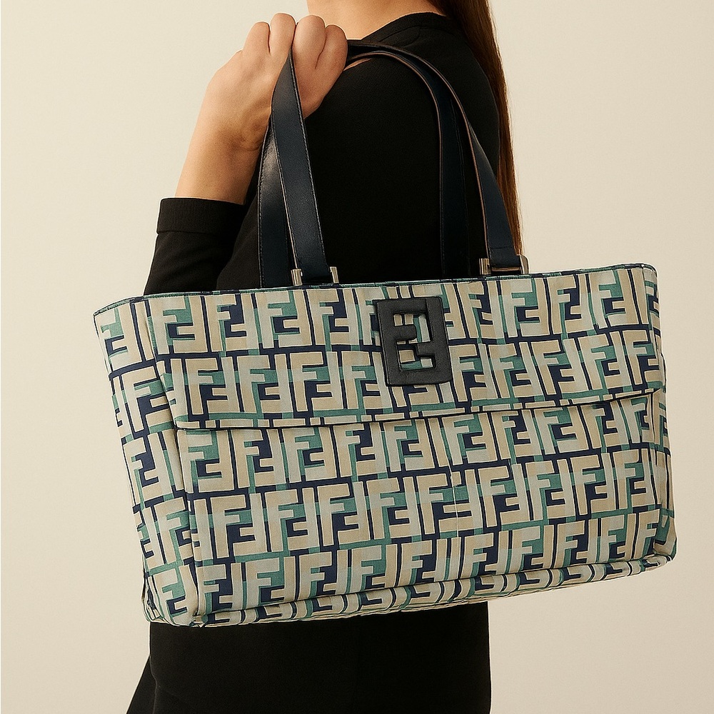 Fendi FF zucca double F fabric and leather tote bag purse